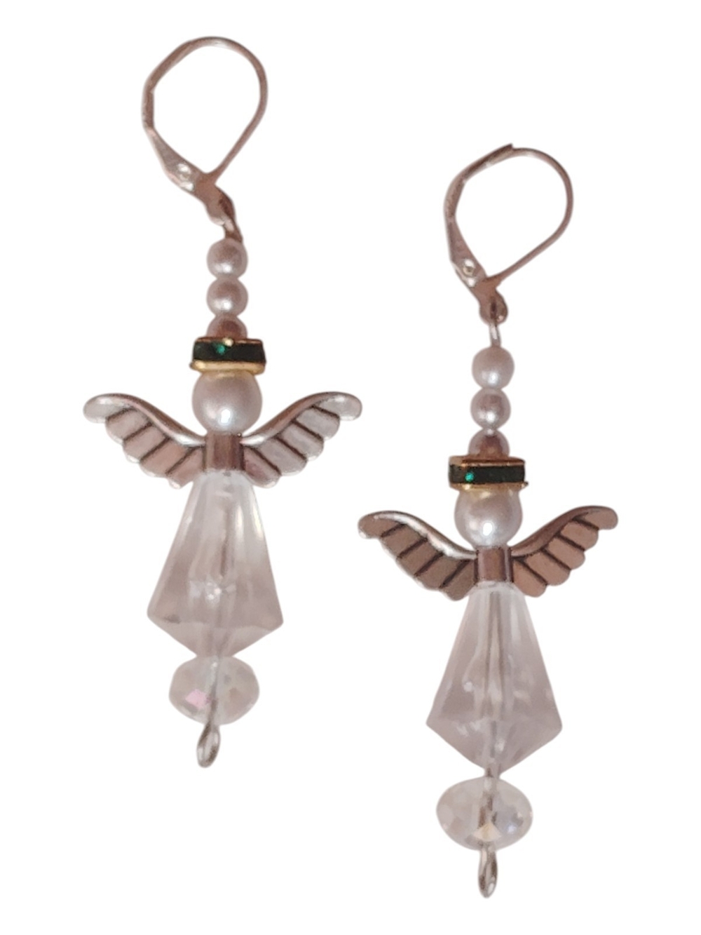 Handmade Angel Drop Earrings with White Pearls Sparkling Green Halo Crown